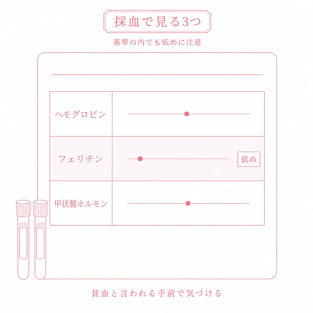 血液検査でヘモグロビンとフェリチンと甲状腺ホルモンを見ることとフェリチンが低めに出る様子を結果票で表した図解