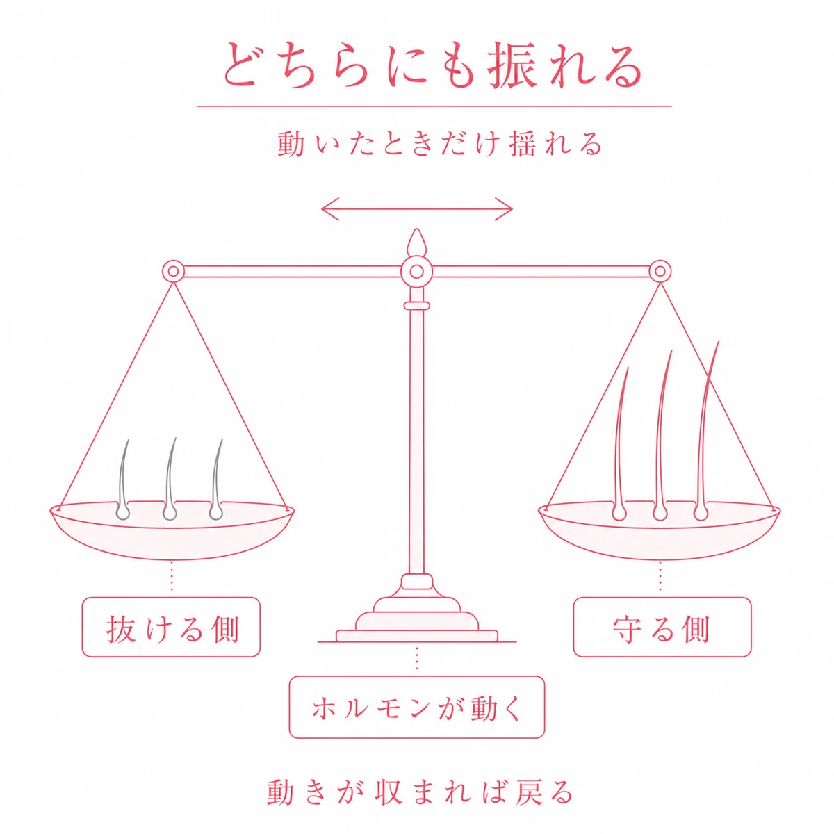 ピルが髪の抜ける側と守る側のどちらにも振れることを釣り合った天秤で表した図解