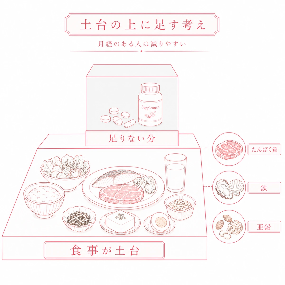 食事を土台に置きサプリで足りない分だけを補う考え方とたんぱく質と鉄と亜鉛を示した図解