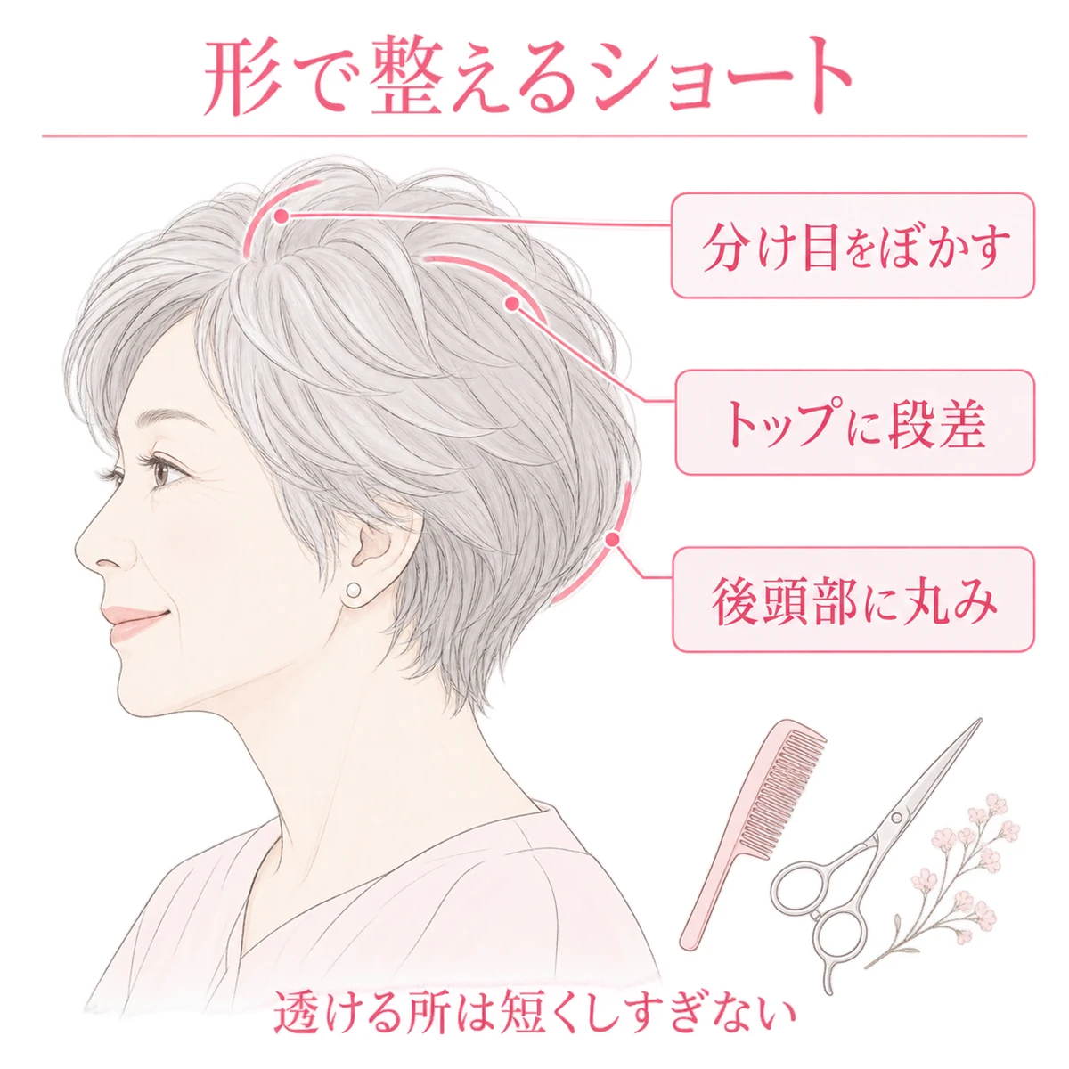 女性のショートカットで、分け目、頭頂部、後頭部を整えるポイントを示した横顔図