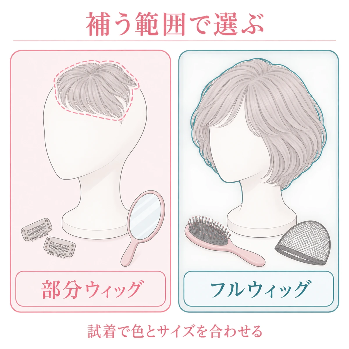 部分ウィッグとフルウィッグの補う範囲や手入れ用品を見比べる分類図